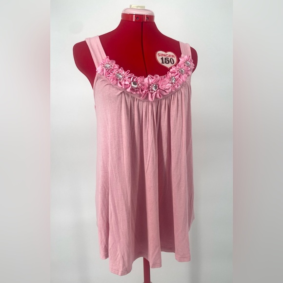 2 FOR $20 Y2K Pink Tank Top With 3D Flowers And Rhinestone Beaded Embellishments - Picture 2 of 10